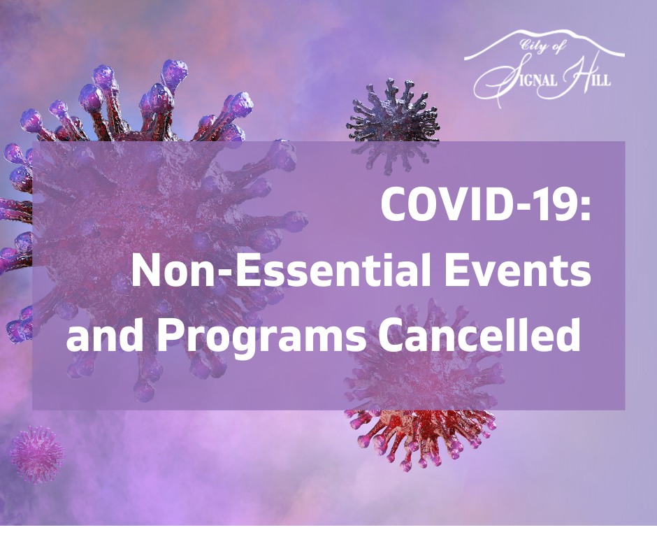 Covid-19 Non-Essential Events Cancelled purple image of virus close up